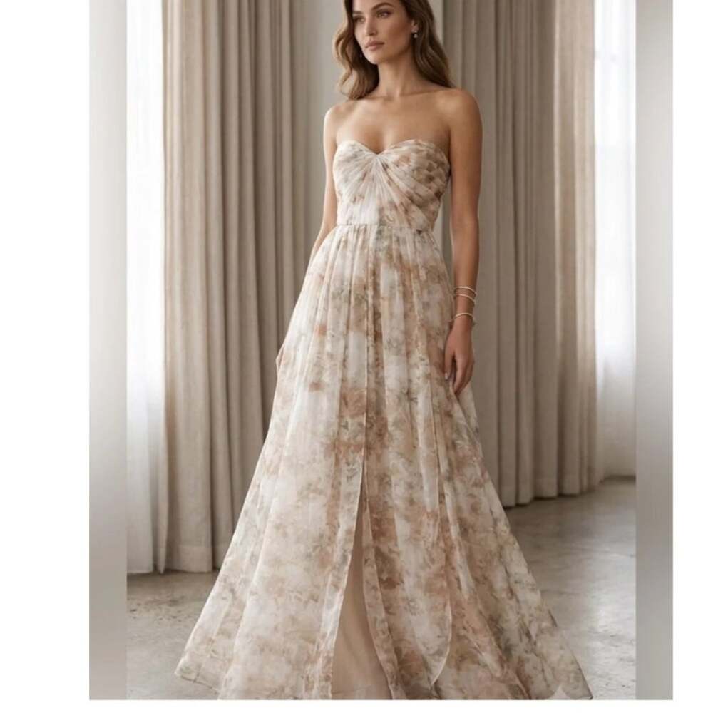 Jenny Yoo Strapless Floral Chiffon Maxi dress size 10 Watercolor Nyla Vintage